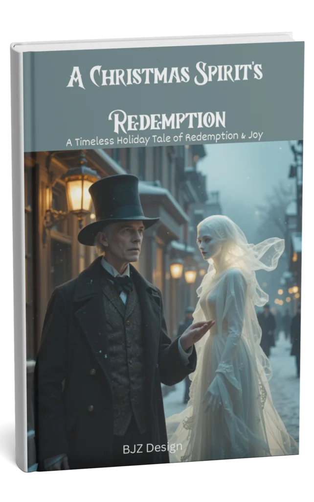Cover Art: Ebenezer Scrooge and Ghost of Christmas Past in a snowy Victorian street.
