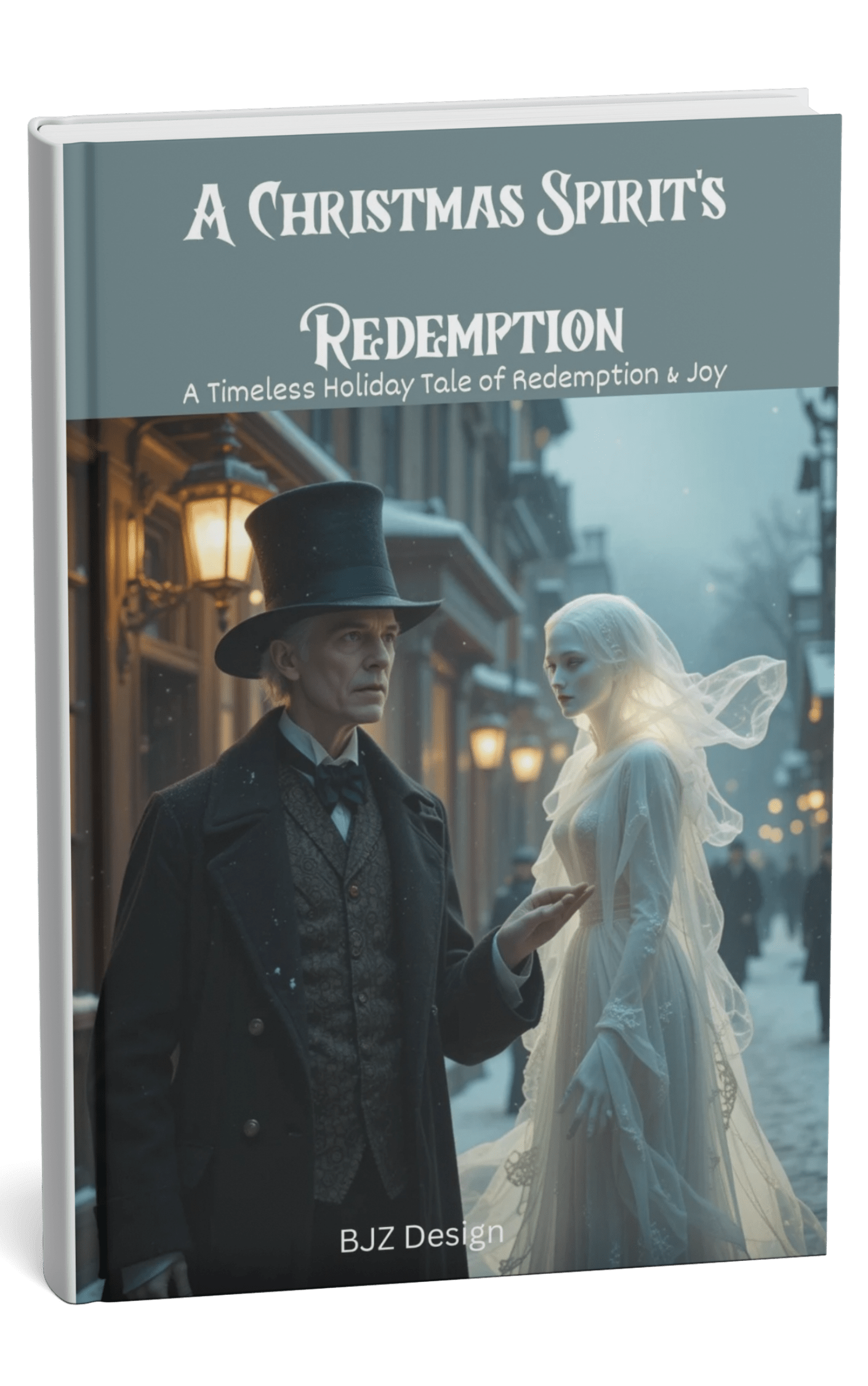 Cover Art: Ebenezer Scrooge and Ghost of Christmas Past in a snowy Victorian street.